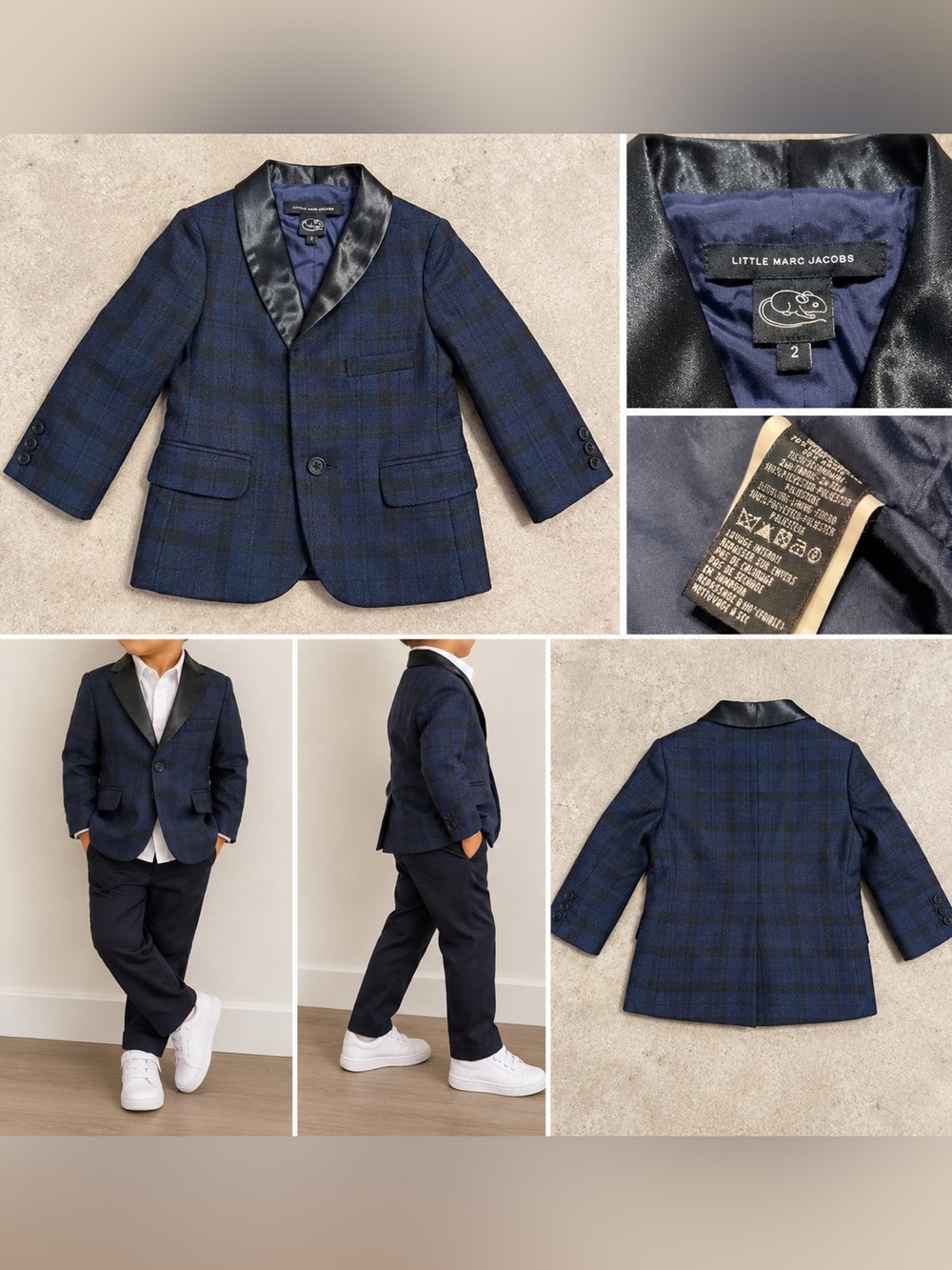 Little Marc Jacobs Navy Plaid Blazer with Black Satin Lapel